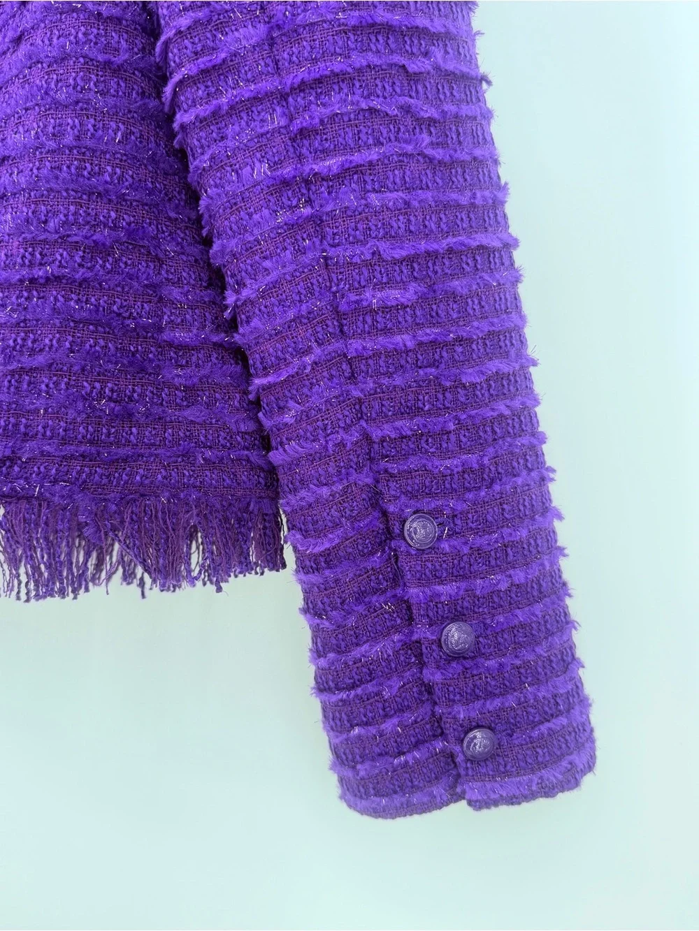 L’Agence Purple Tweed Fringe Jacket Blazer Wool Blend Womens Size 8 Open Front - Picture 7 of 8